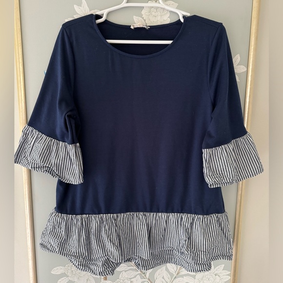 Tops - Blue Shirt with Ruffle Sleeve and Hem